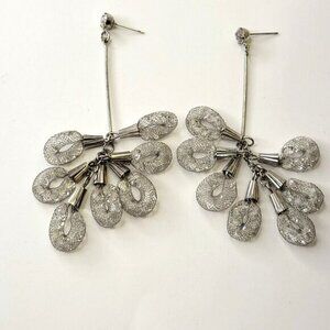 Silver Mesh Net Crystal Dangle Earrings